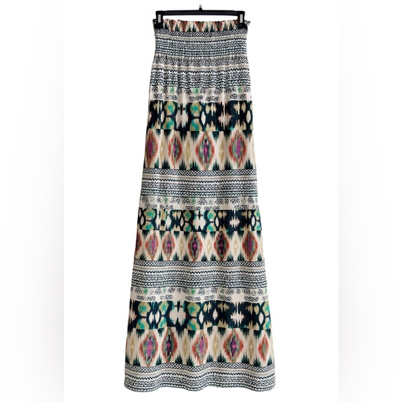 New Only Boho Maxi Dress Strapless Smocked Ikat Long Sun Dress Date Night XS - Picture 1 of 6